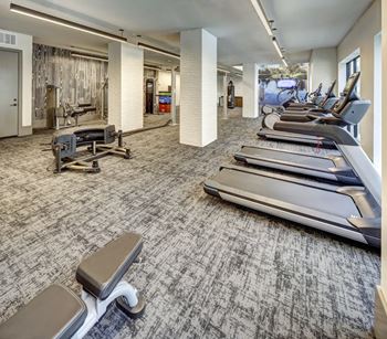A gym with treadmills, elliptical machines, and a weight bench.